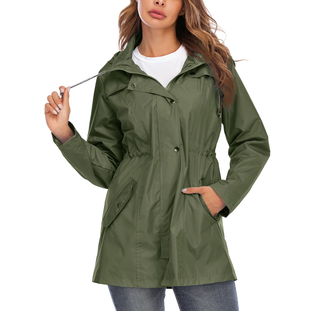 

Women's Fashion Waterproof Windproof Raincoat Striped Lining Lightweight Jacket With Hood Long Fashion Outdoor Jacket