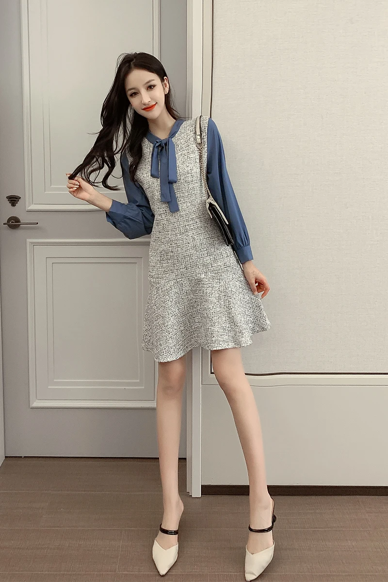 Женское короткое платье с длинным рукавом винтажное Элегантное повседневное