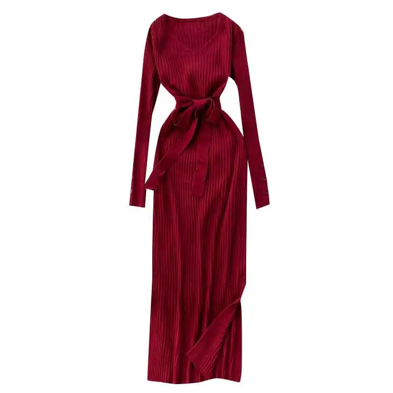 

Spring And Autumn Sexy Women Black Vintage Knitted Dress Simple Solid Basic V-Neck Long Sleeve Dress Over The Knee Female