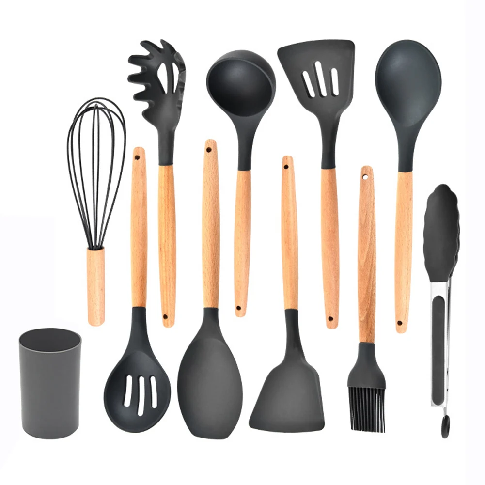 

11Pcs/set Silicone Kitchen Utensil Set Non-stick Silicone Cooking Tools Kitchenwares with Wooden Handle J2Y