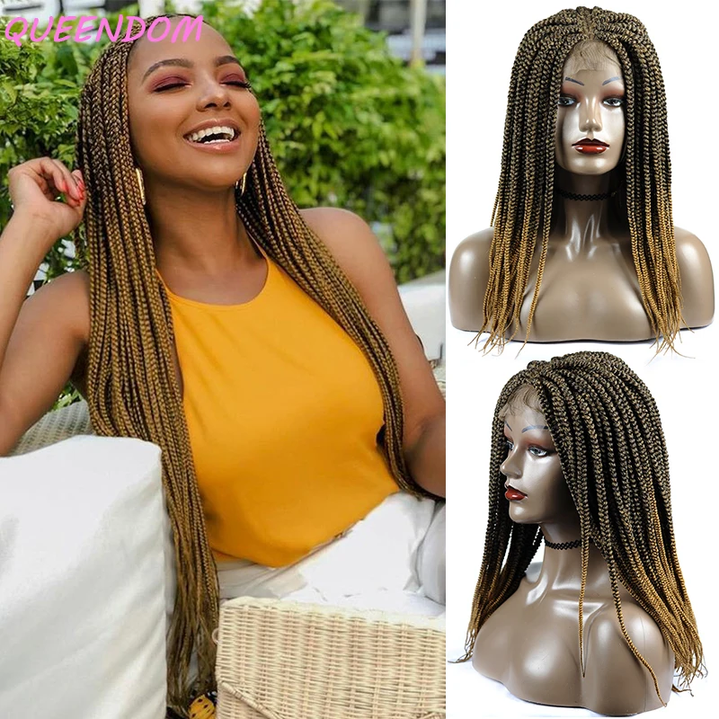 Synthetic Lace Front Braided Wigs Long Ombre Brown Box Braids Wig with Baby Hair Middle Part Cosplay Hair Wig for Women Burgundy