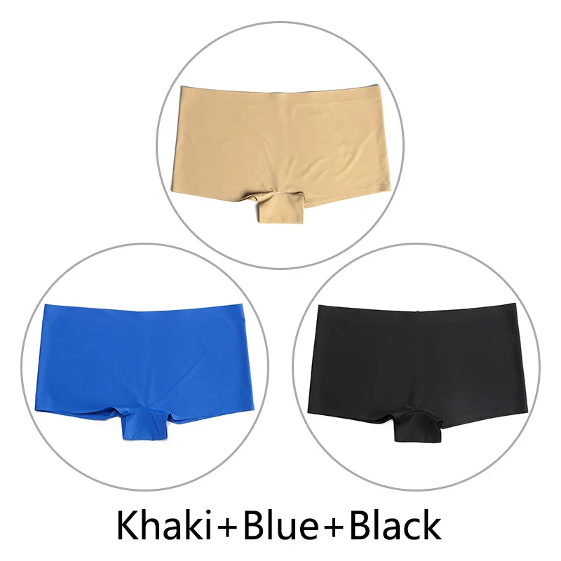 Khaki Blue Black 3 шт./партия, большие размеры, трусы для мальчиков, Бесшовные шелк, однотонный, высокая талия, сексуальное нижнее белье, женское эластичное белье, SX-L, американский размер - Цвет: Khaki Blue Black