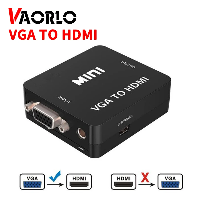VAORLO-convertidor MINI VGA a HDMI, 1080P, VGA2HDMI Adaptador de Audio, caja de vídeo para Notebook, PC, proyector HDTV