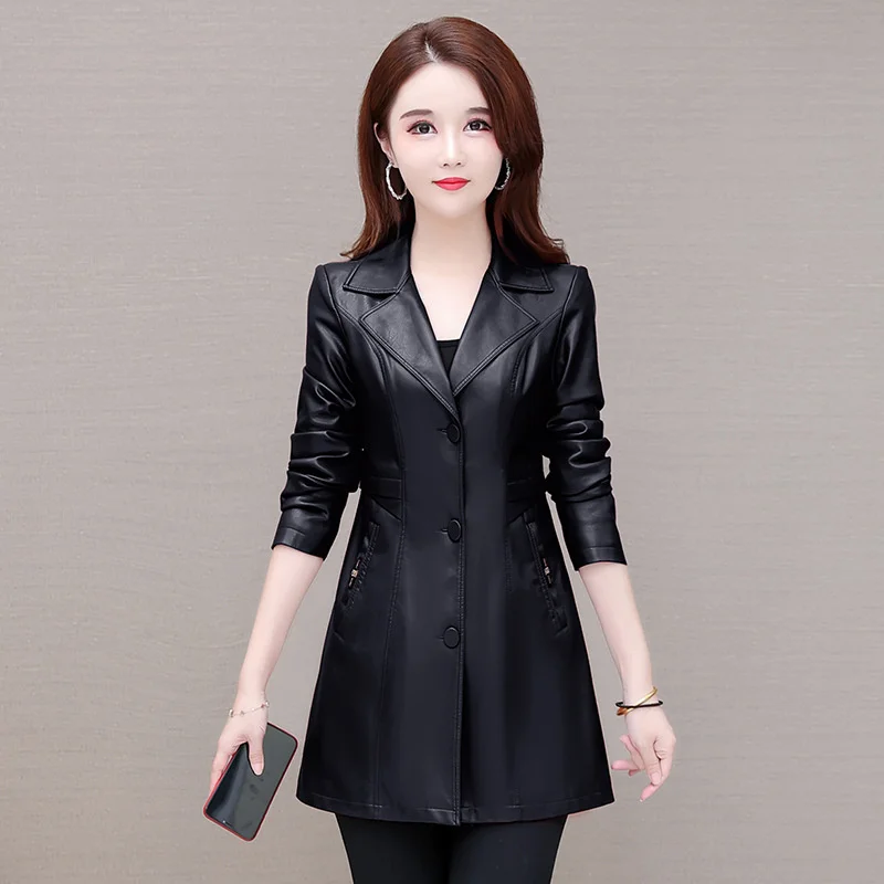 

and long fashion leather clothes Medium autumn 2021 Lapel long sleeve slim fit commuter temperament windbreaker leather coat