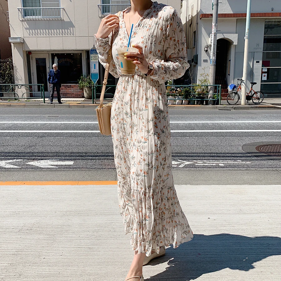 

Elegant Autumn Women Floral Print Dress Sexy V-neck Full Sleeve Long Chiffon Dresses Female Spring Vestidos JK223