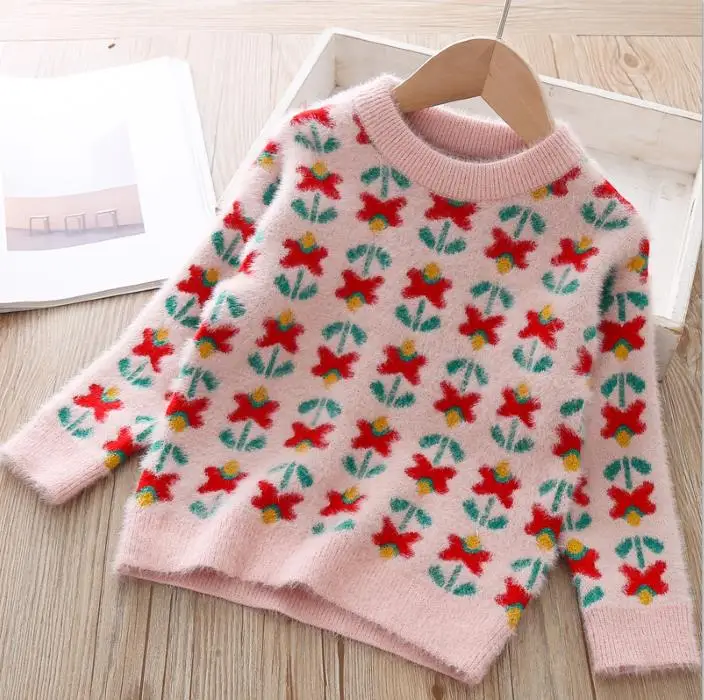pink Свитер для маленьких девочек вязаная одежда топы, коллекция года, осенне-зимняя хлопковая Верхняя одежда Детская шерстяная одежда свитер с вишенками, пуловер для девочек возрастом 5, 6, 7 лет - Цвет: pink