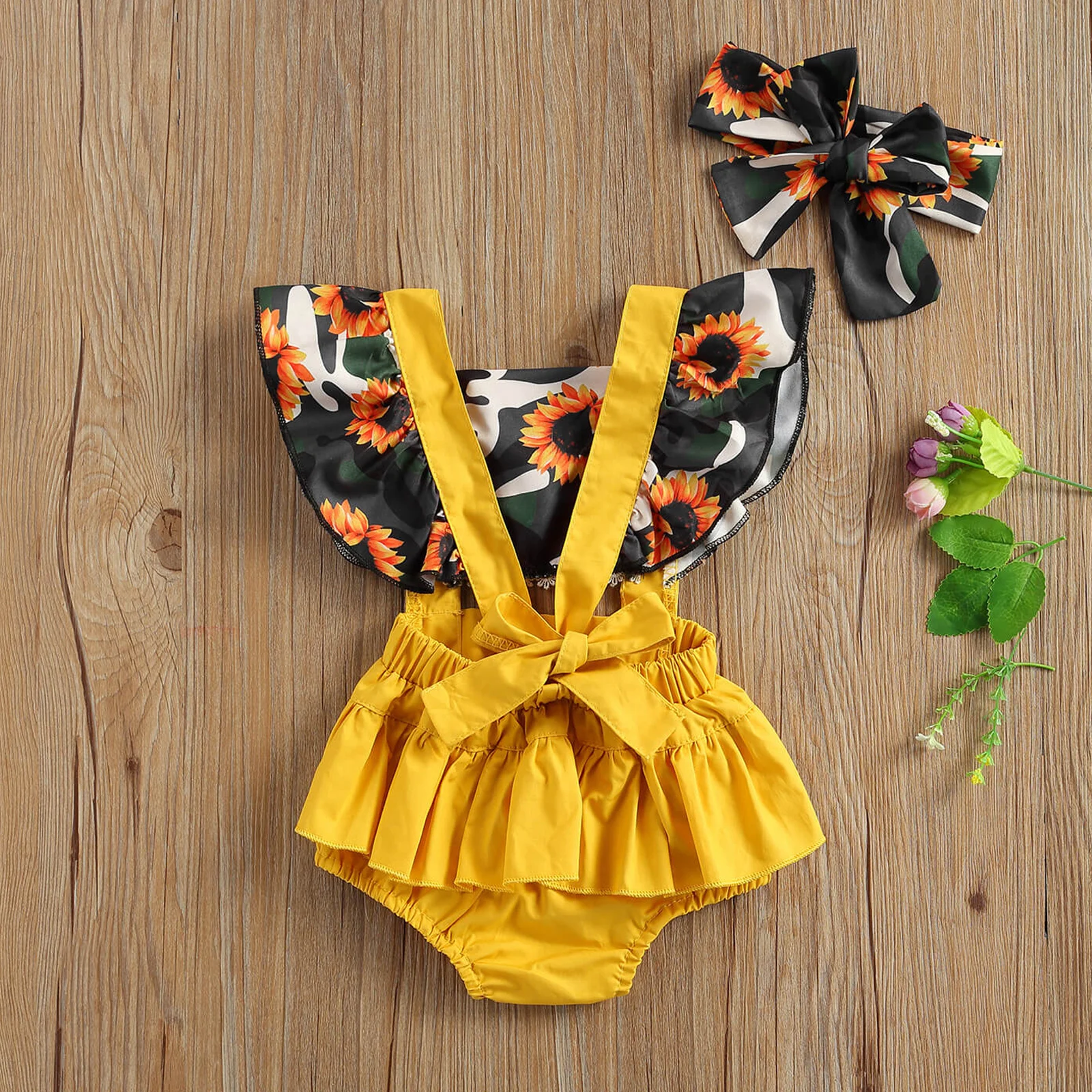 

Newborn Baby Girls 0-24M Camouflage Sunflower Suits Fly Sleeve Waist Hollow Out Patchwork Rompers Clothing with Bowknot Headband