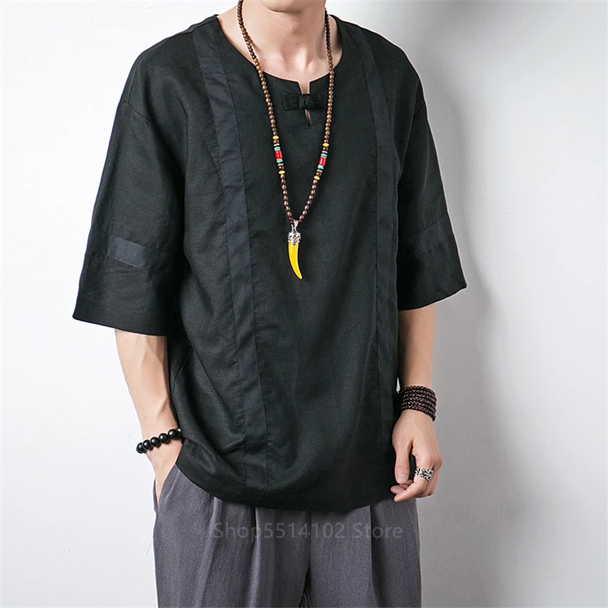 Китайский топ винтажная рубашка из хлопка и льна с коротким рукавом женская