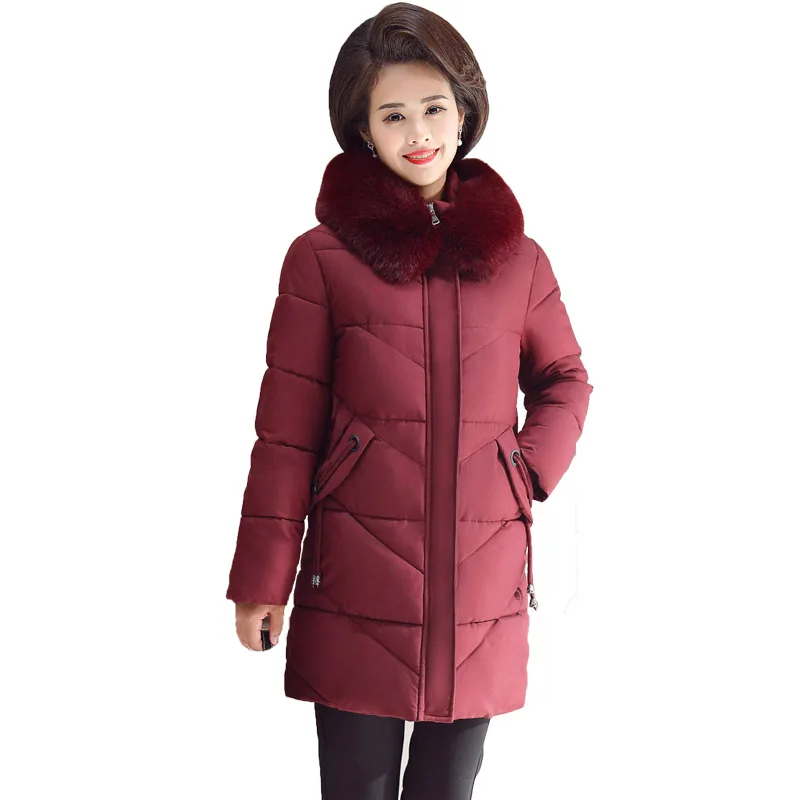 Winter jacket women's mid-length parka temperament mother wear large fur collar hooded cotton jcoat