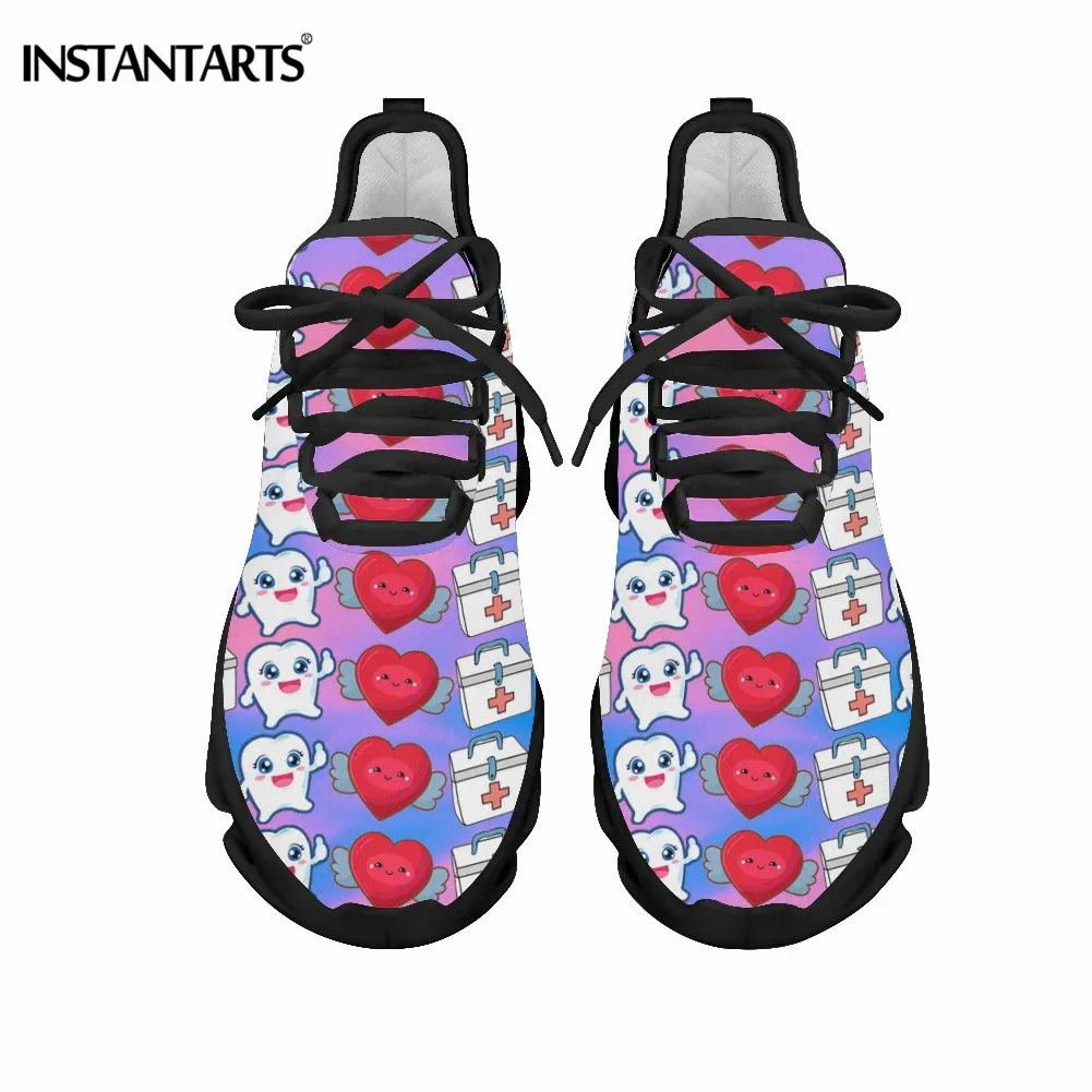 

INSTANTARTS Women Sneakers Spring Autumn Female Cartoon Tooth and Love Heart Pattern Mesh Footwear Zapatos Light Lace-up Flats