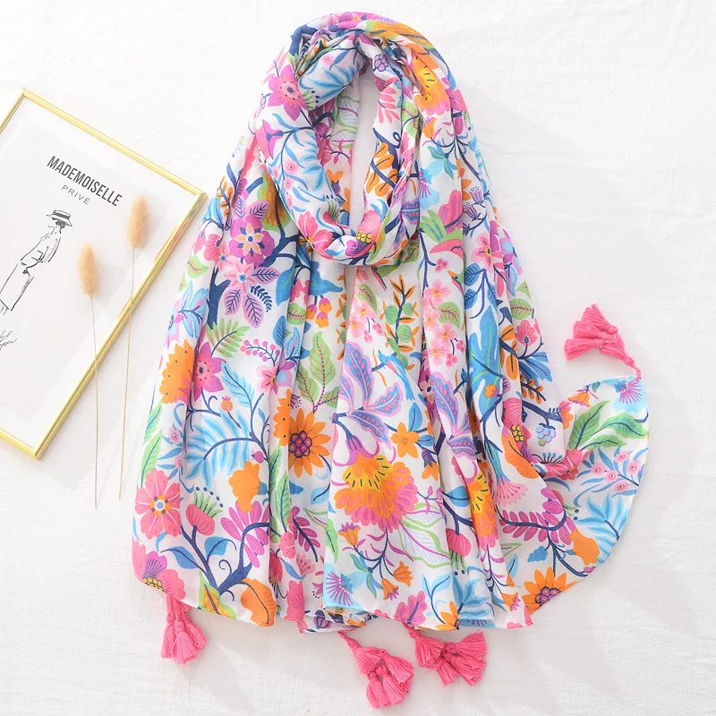 Fashion Luxury Brand Women Scarf Spain Abstract Floral Tassel Shawl Spring Autumn Wrap Hijab Lady Pashmina Viscose Foulard Stole