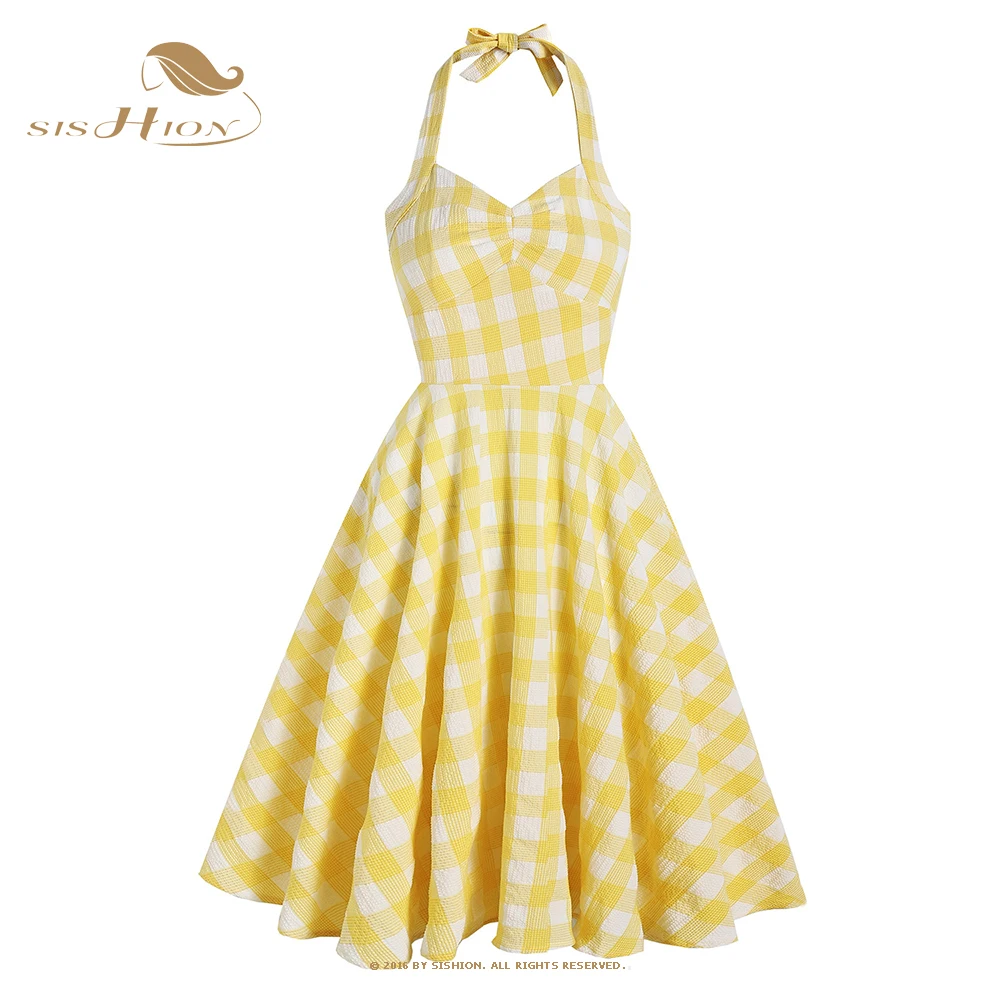 

Женское платье с лямкой на шее SISHION Y2K, желтое клетчатое платье в винтажном британском стиле Хепберн с V-образным вырезом, Сексуальные вечерн...