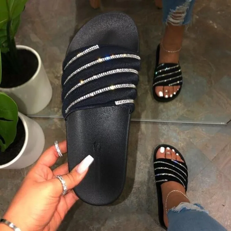 

Summer New 2020 Women Rhinestone Candy Color Sandals Outdoor Wild Beach Slippers Rubber Non-slip Durable Flip Flops Stripe MS