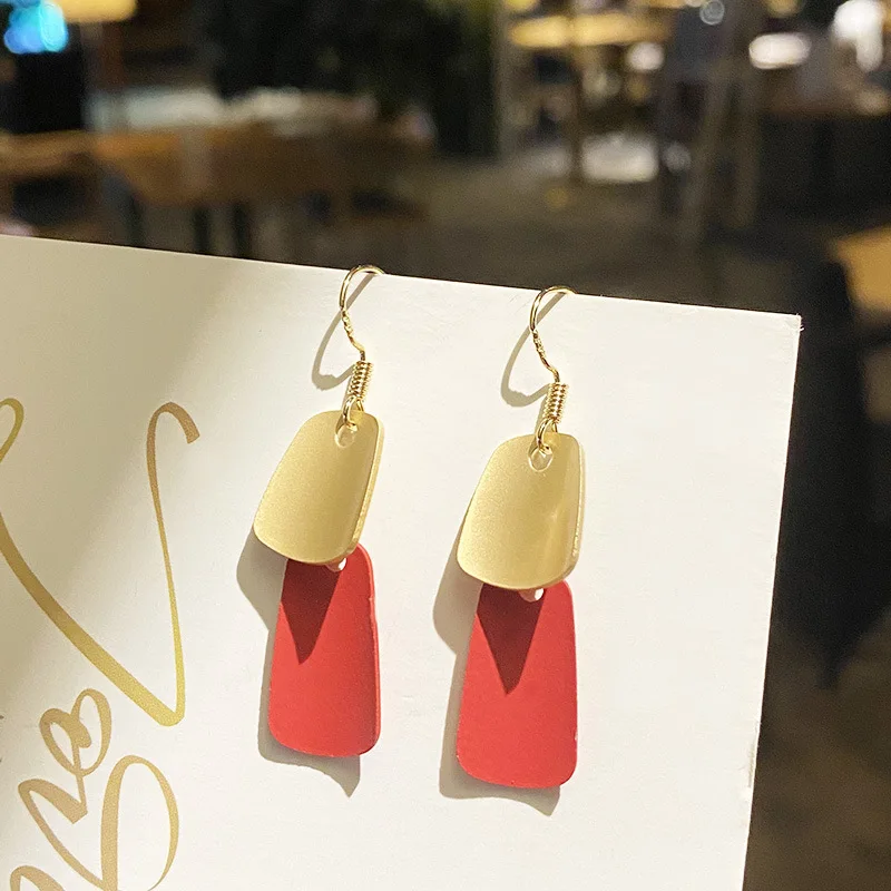 

2020 Dangle Earrings Women Color Contrast Retro Geometric S925 Silver Needle Cool Style Jewelry Black Green Red Glossy Earring