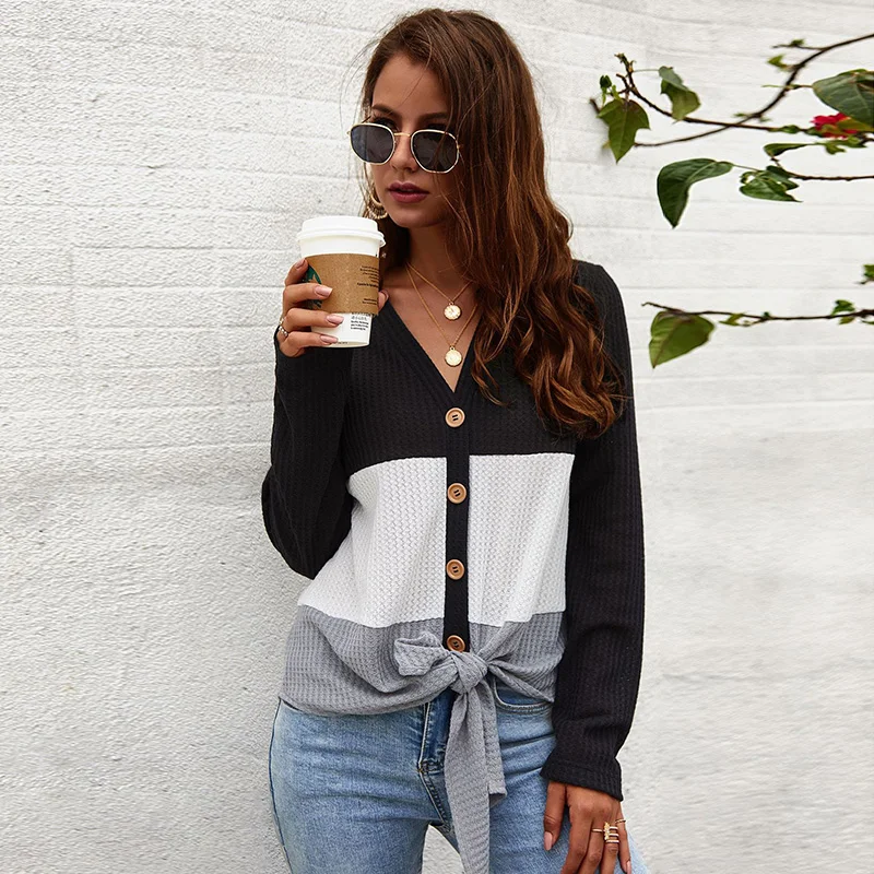 black colorblock Женская Осенняя блузка с вафельными пуговицами и бантом спереди, Свободная трикотажная блузка, рубашка, футболки, женские блузы, Новинка осени - Цвет: black colorblock