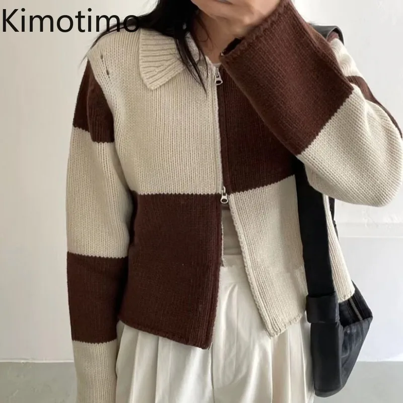 

Kimotimo Plaid Knit Cardigan Women Korean Chic Turn-down Collar Double Zipper Sweater Coat Autumn Fashion Long Sleeve Cardigans