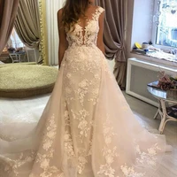 luxurious lace appliques wedding dress 2021 v neck sleeveless long chapel train open back a line bridal gowns vestido de noiva