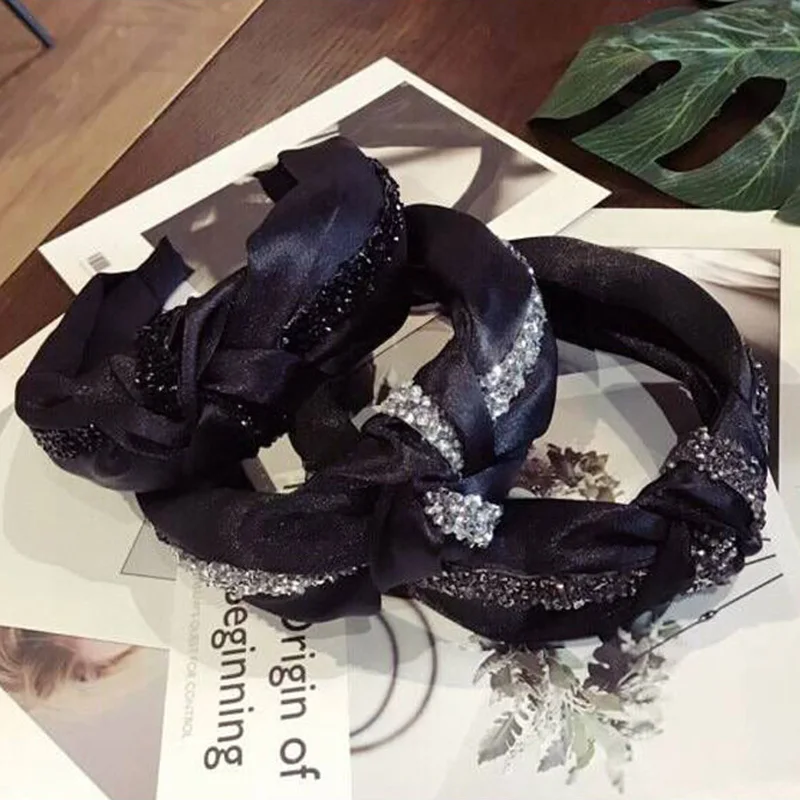 Fashion Bohemian Women Elegant Crystal Black Ribbons Headband Hairbands Hair Holder Turban Accessories Wholesale |