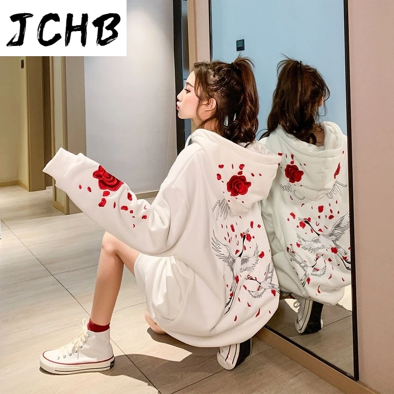 

2021 Korean Clothing Long-sleeve Mid-length Women Hoodies Plus Velvet Folar Sweater New Winter Lazy Wind Women Hooed Hoodies