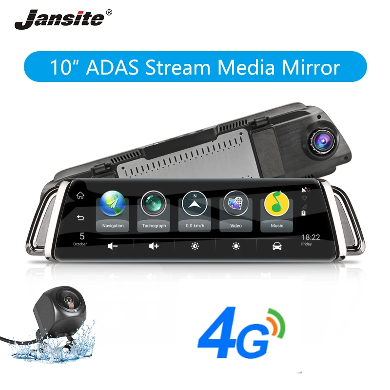 Автомобильный видеорегистратор Jansite с сенсорным экраном 10 дюймов 3G 4G Wi Fi Android Потоковое мультимедиа зеркало