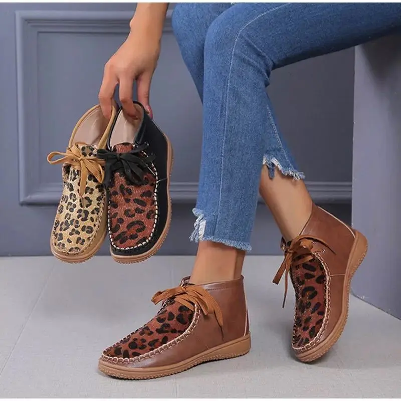 

New Round Head Leopard Print Leather Boots Winter Ankle Boots for Women with Flat Bottoms Lace-Up Women Shoes