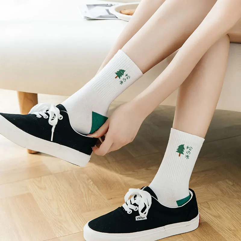 Женские полосатые сосновые носки-трубы средней высоты в стиле Харадзюку Гольфы