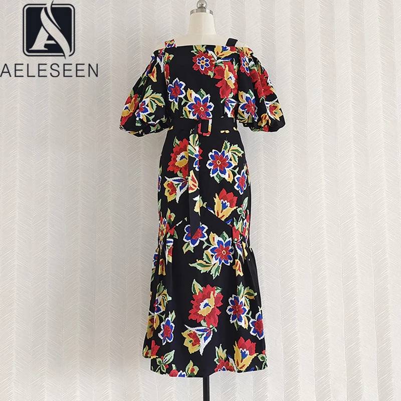 

AELESEEN Runway Fashion Summer Dress Puff Sleeve Women Off The Shoulder Colorful Flower Print Slim Long Trumpet Dresses