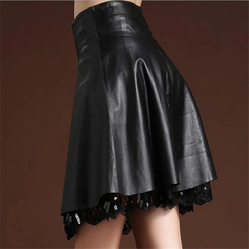 Hot Promotional High Waist Short Pleated Skirt 2022 New PU Leather Lace Stitching Fashion Black Women | Женская одежда