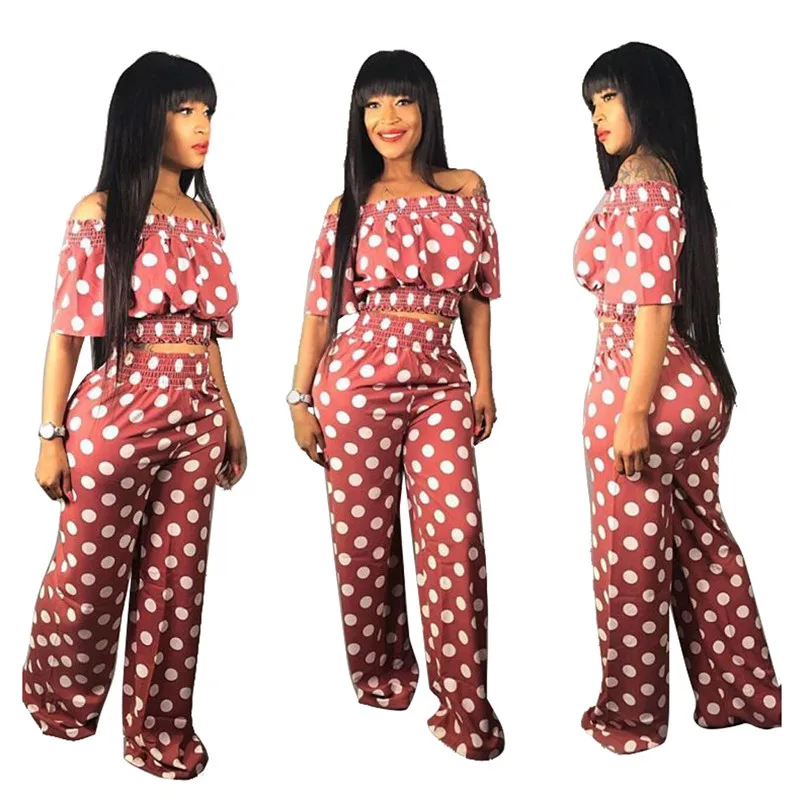 

Zoulv Solid Dot Office Lady Style Slash Collar Short Top Off-the Shoulder Elastic Wide-leg Pants Summer Women Two Piece Outfits