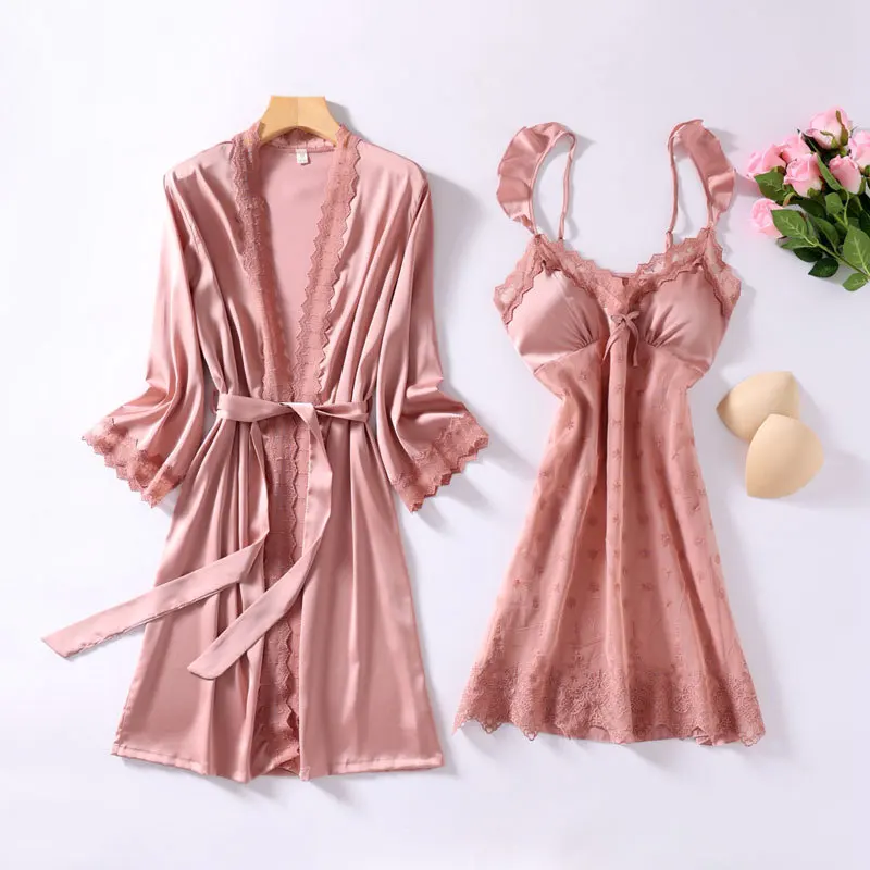 

Satin Sleepwear Women Sexy 2PCS Robe Set Lace Kimono Bathrobe Gown Faux Silk Intimate Lingerie Home Clothes With Chest Pads