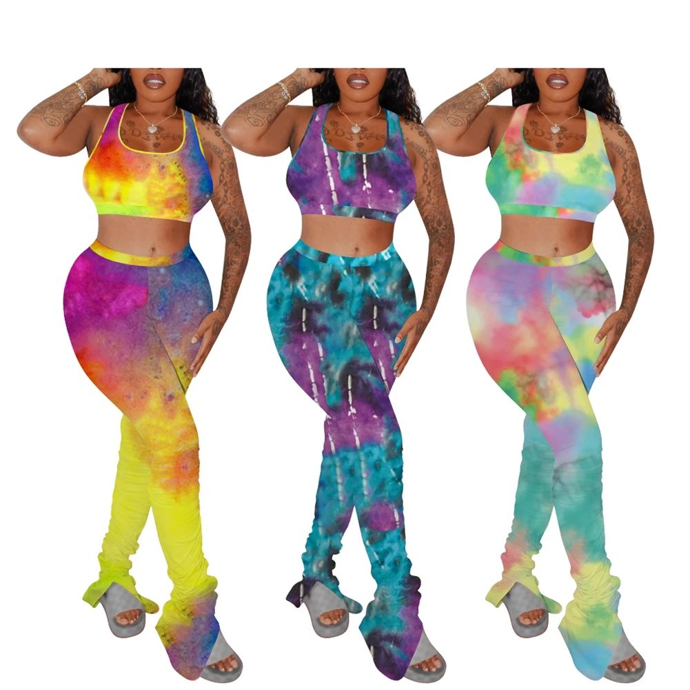 

Women Tie-dye Printed Sleeveless Tops and High Waist Trousers Suit Set Two Pieces Suit Female Short Casual Streetwear Outfits