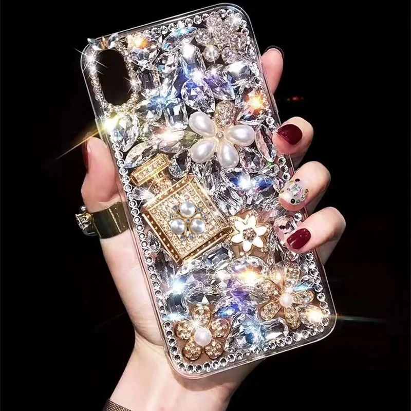 

Bling Luxury Diamond Perfume Bottle Phone Case For iphone11 12 13pro MAX XS XR Pearl Flower Soft Shell For iphone6 7 8 PLUS Capa