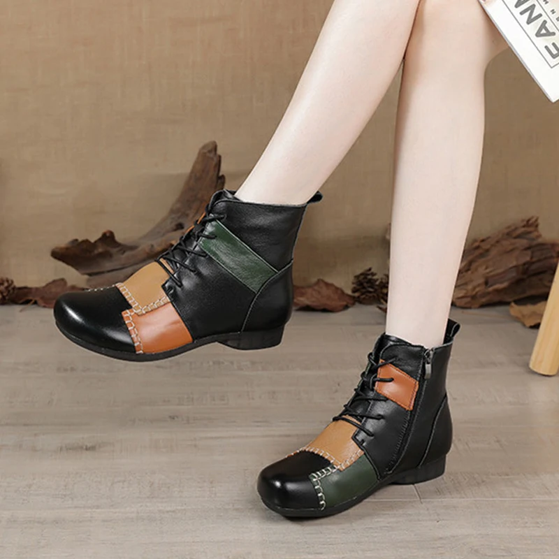 

BEYARNE Autumn Vintage Genuine Leather Ankle Boots for Women Flat Low Heel Zipper Winter Warm Mixed Color Ladies Winter Boots