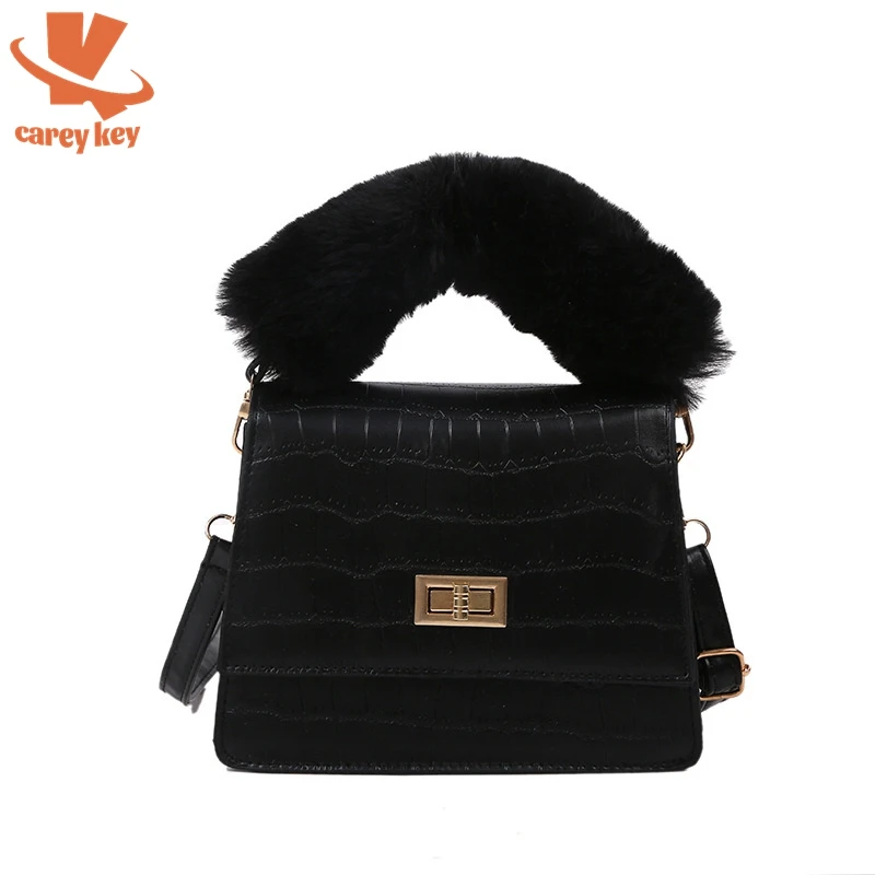 

CAREY KAY Women Furry Handle Messenger Totes Bags Alligator Pattern PU Leather Crossbody Shoulder Bag Fashion Bolsa Feminina