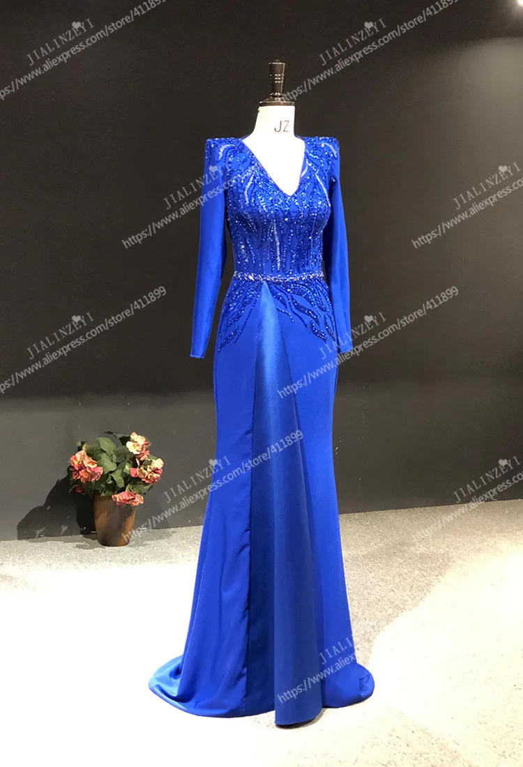 Rhine Real picture Royal Blue V Neck Long Sleeves with Beads Sexy women evening dress long formal dresses