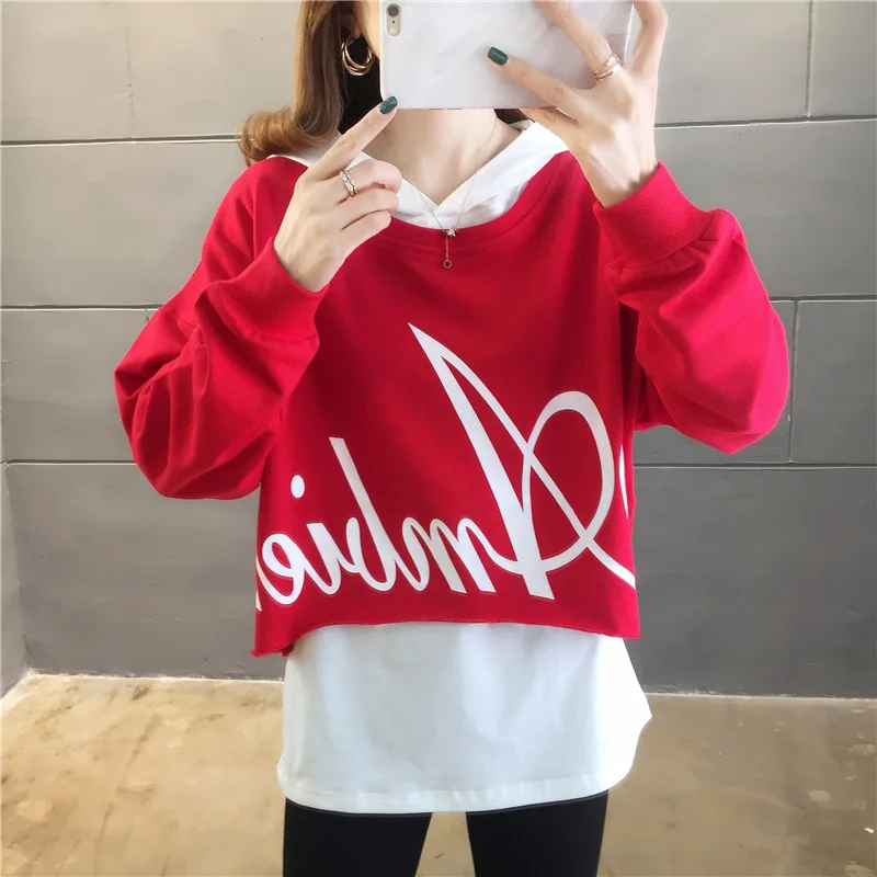 

FV LAI Black Red Blue Cotton Two Piece Hoodies For Women Loose Letter Printed Thin Hooded Sweatshirt Female Pullover Autumn