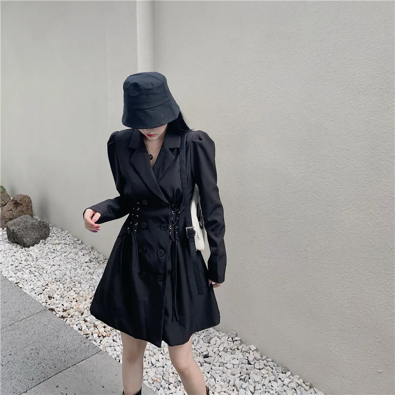 

Spring New 2021 Fashion Women Elegant Black White Blazer Dress Long Sleeve Elegant Double Breast Lace Up Slim Waist Mini Dress