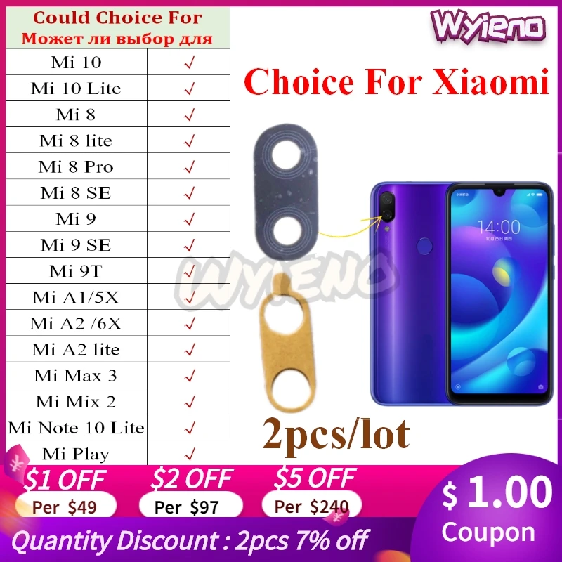 

Wyieno Real Camera Glass For Xiaomi Mi 10 8 9 9T Note 10 Lite Pro SE A1 A2 Mix 2 Max 3 Play Back Rear Camera Glass Lens 2pcs/lot