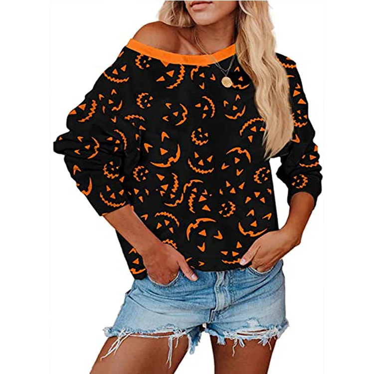 

Halloween women's pumpkin skeleton witch print T-shirt casual slant collar large size bodyguard