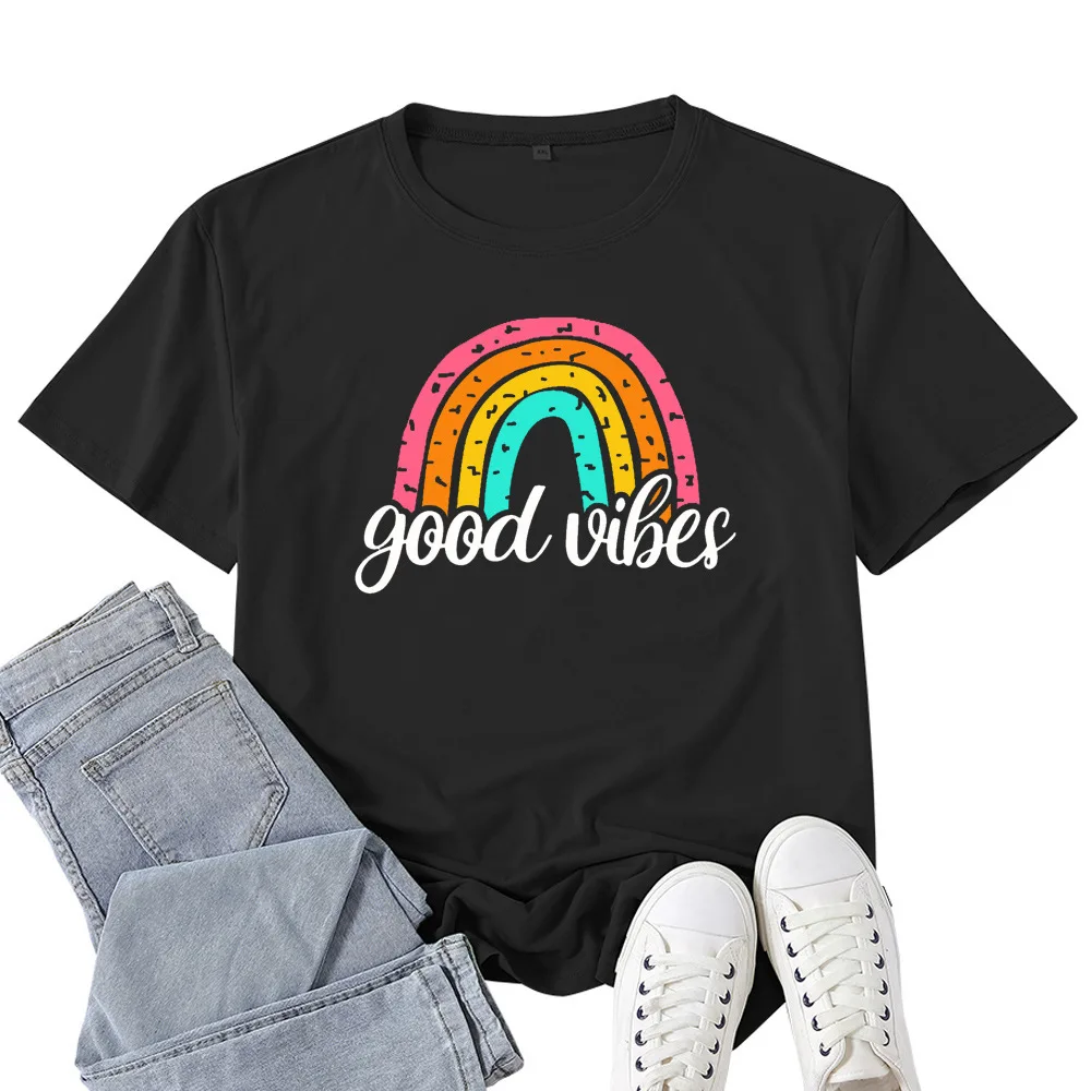 

Good Vibes Rainbow Print T Shirt Women Short Sleeve O Neck Loose Tshirt Summer Women Causal Tee Shirt Tops Camisetas Mujer