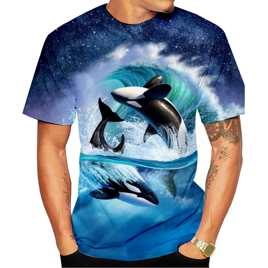 

2021 Summer New men's Round Neck T-shirt 3D Animal Horse Whale graphic Print short-sleeved Men's trendy Hip-Hop Street Top