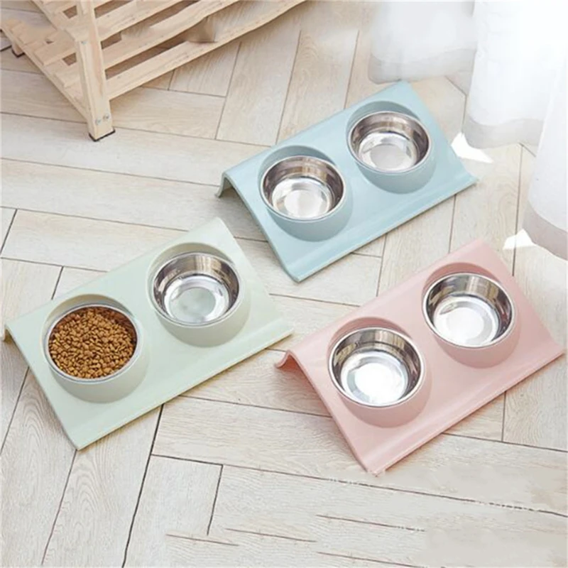 

Двойная кормушка для собак и кошек, нержавеющая сталь миска для домашних животных, защита от брызг