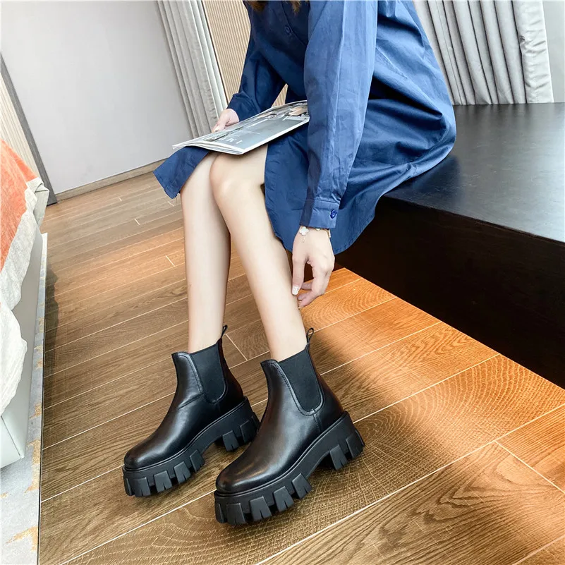 

ANNYMOLI Real Leather Platform High Heel Ankle Boots Chelsea Boots Women Shoes Block Heels Short Boots Lady Autumn Winter Black