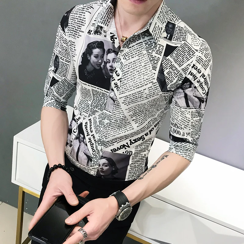 Высококачественная тонкая рубашка с рукавом до локтя приталенная принтом газет