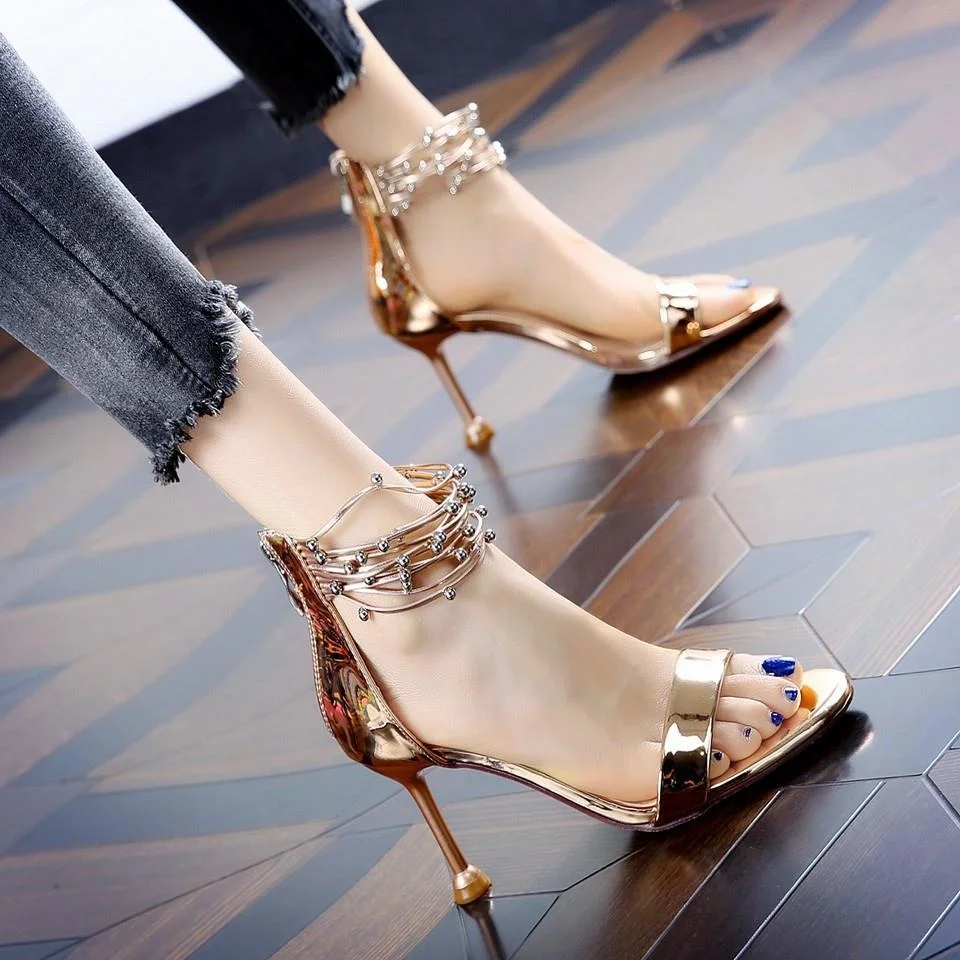 

High Heeled Shoes 2021 Summer New Slim Heel Shoes Fairy Style One Line Open Toe Sandals Female Silver Roman Sandals A064