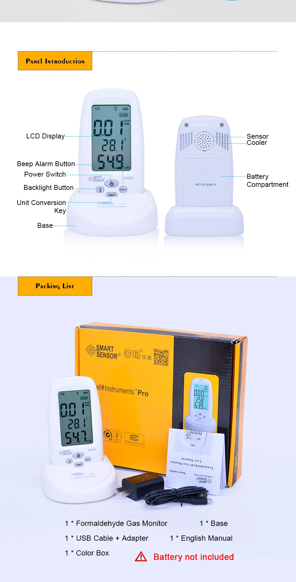 Умный датчик AR820 детектор формальдегида 5 Ppm измеритель загрязнения тест Hcho детектор газа измерение качества воздуха в помещении