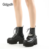 gdgydh goth paltform boots chunky heel fashion pear fall lace up and zipper combat boots mid calf soft leather aesthetic shoes