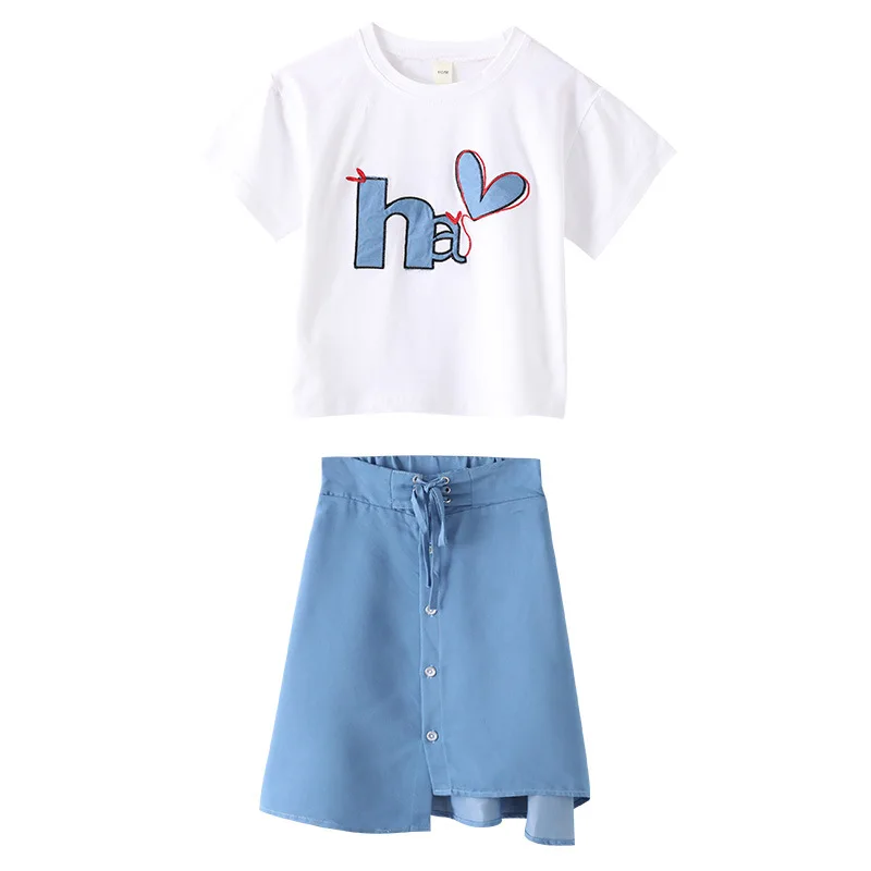 Комплект для девочек из 2 предметов белая футболка и джинсовая юбка летняя