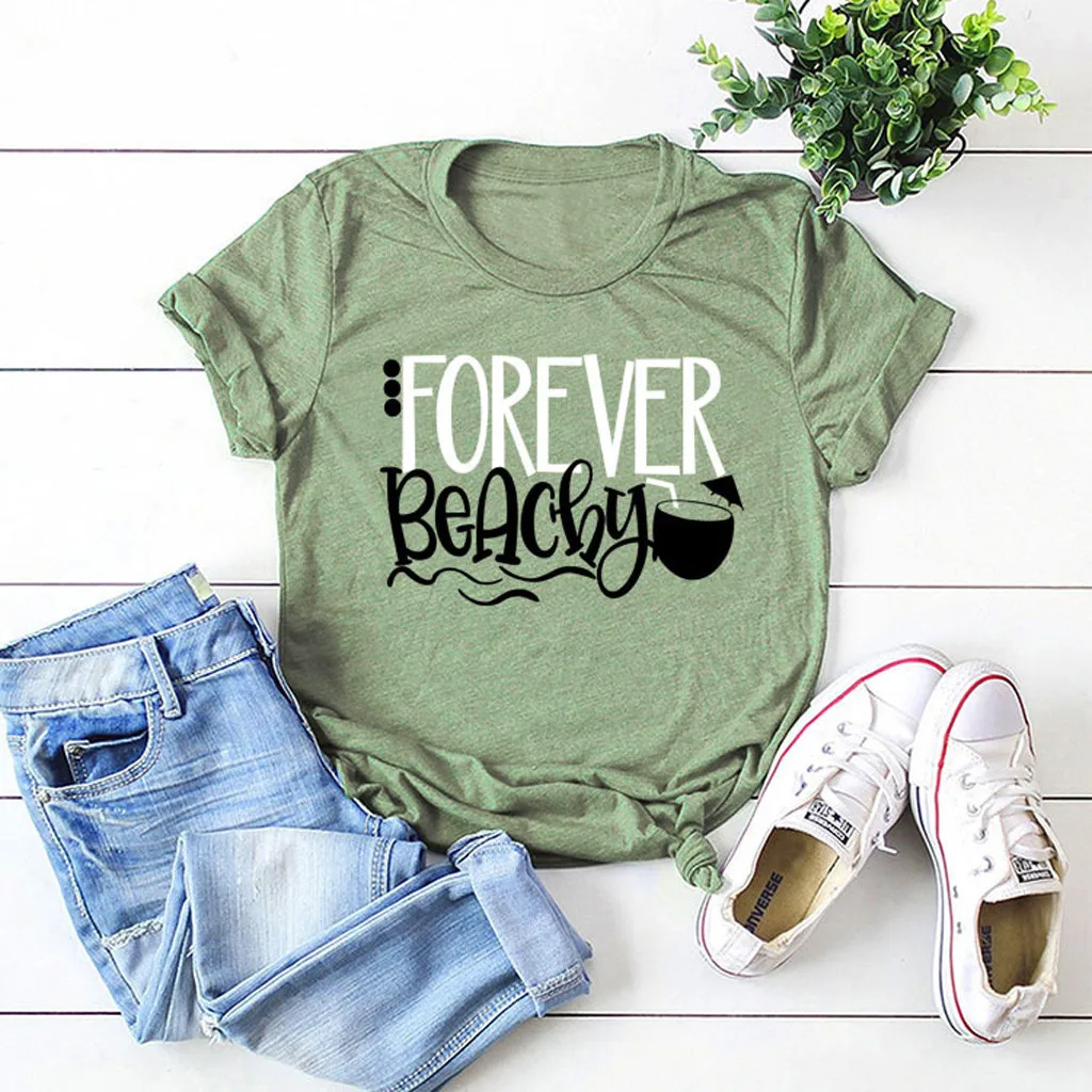 Женская футболка с круглым вырезом KANCOOLD Пляжная принтом на День святого