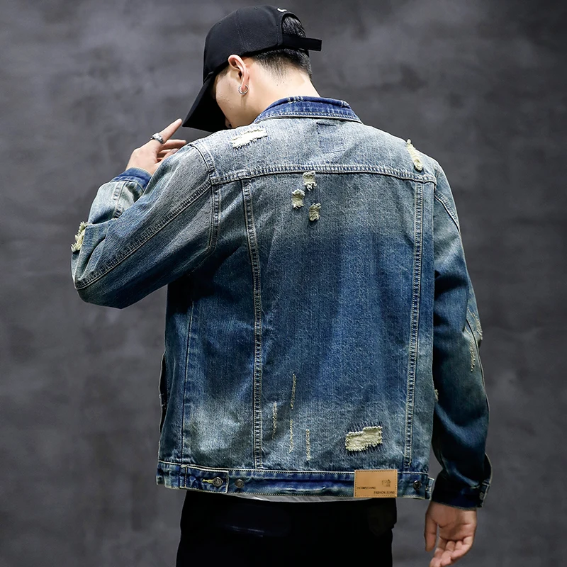 Джинсовая куртка мужская с рваными дырками винтажная хлопковая модная